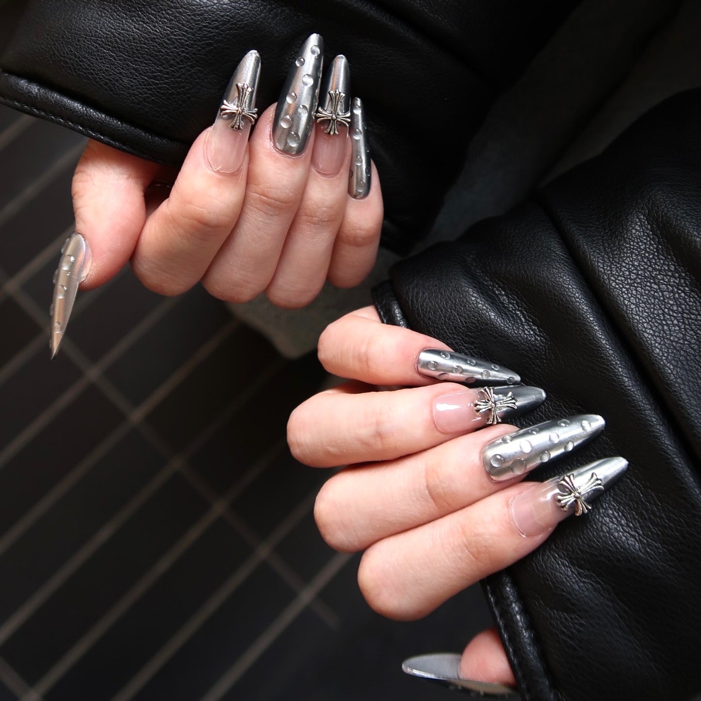 Long Silver Chrome-Style Press on Nails
