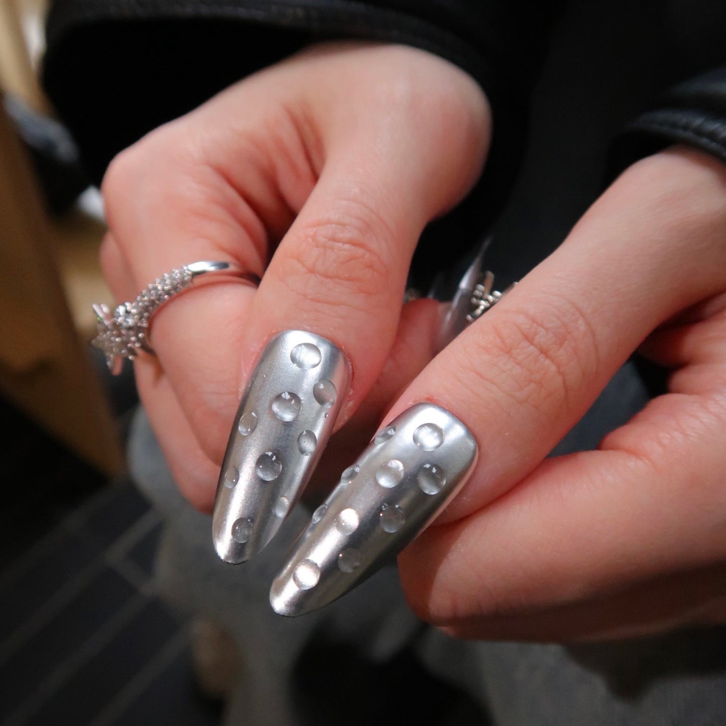 Long Silver Chrome-Style Press on Nails