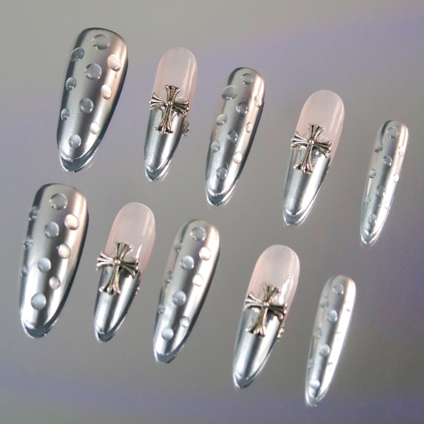 Long Silver Chrome-Style Press on Nails