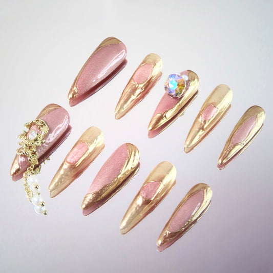 Chrome Charm  Stiletto Handmade Press On Nails