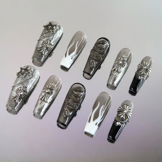 Black and White Gothic Chrome-Style Handmade Press On Nails