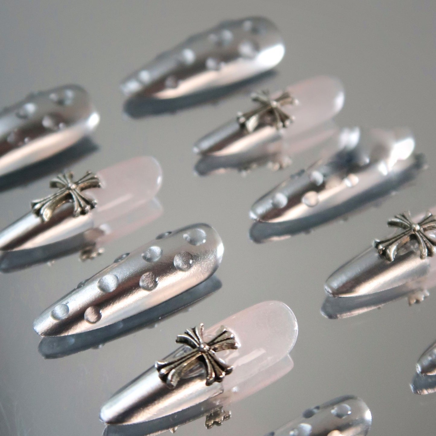 Long Silver Chrome-Style Press on Nails