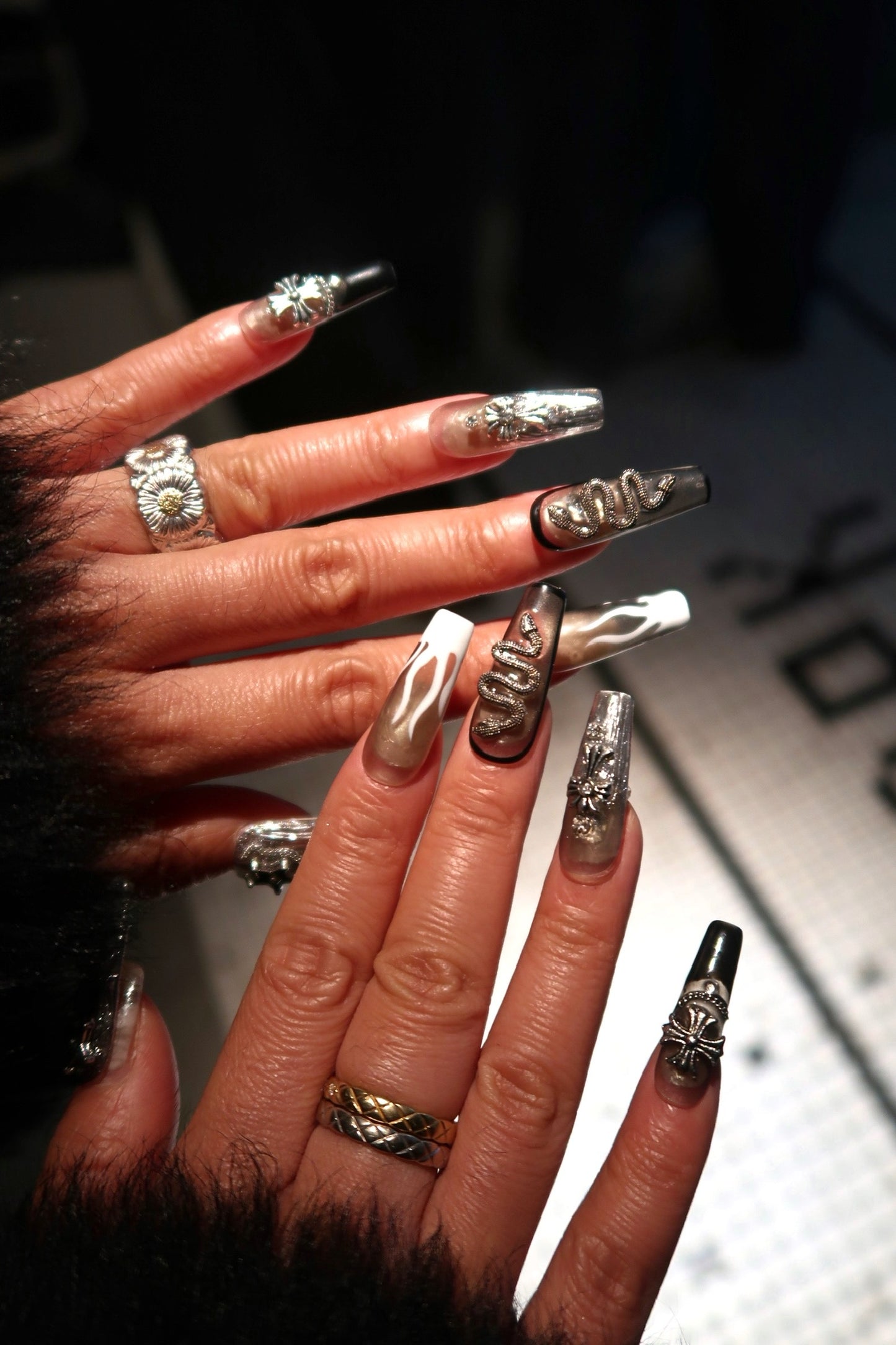 Black and White Gothic Chrome-Style Handmade Press On Nails