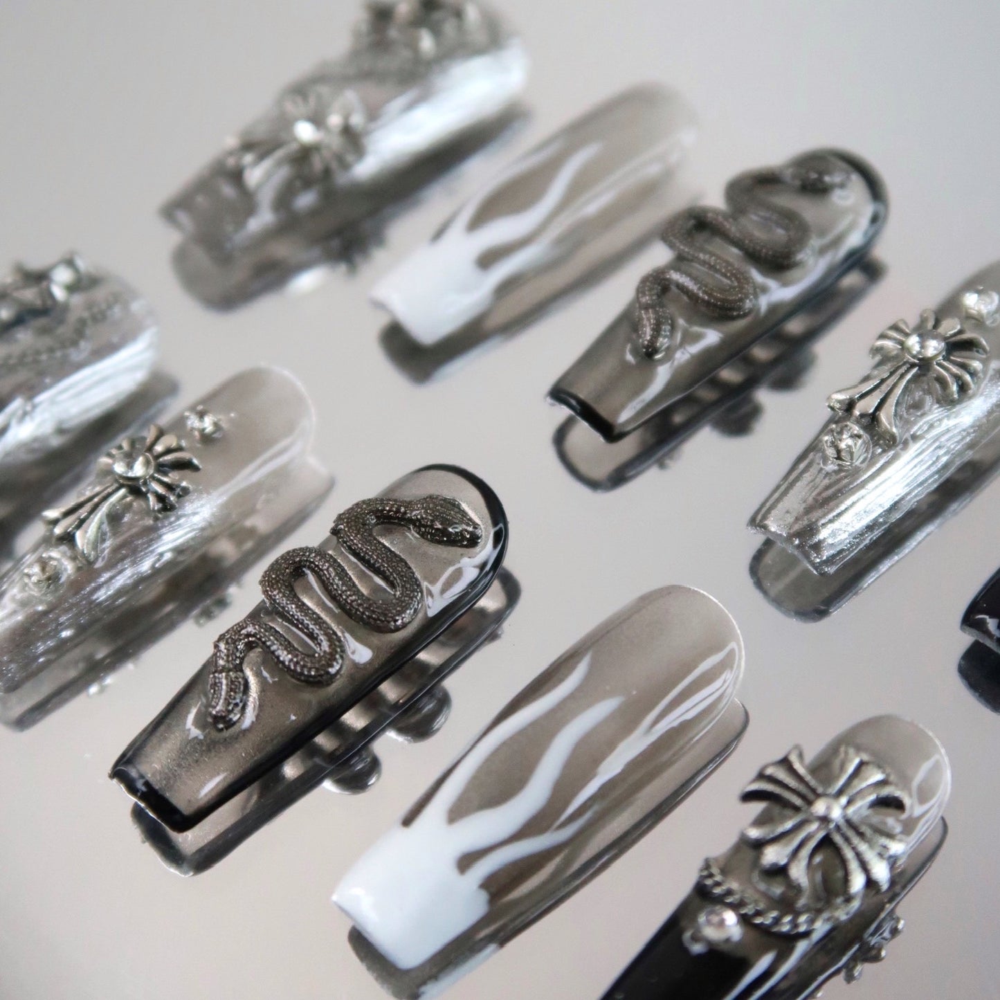 Black and White Gothic Chrome-Style Handmade Press On Nails